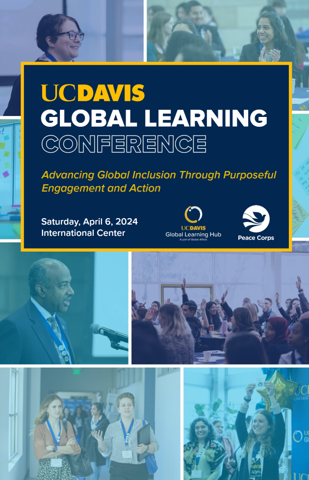 Image of the Global Learning Conference program. There are multiple images in the background and text at the top that reads "UC Davis Global Learning Conference"