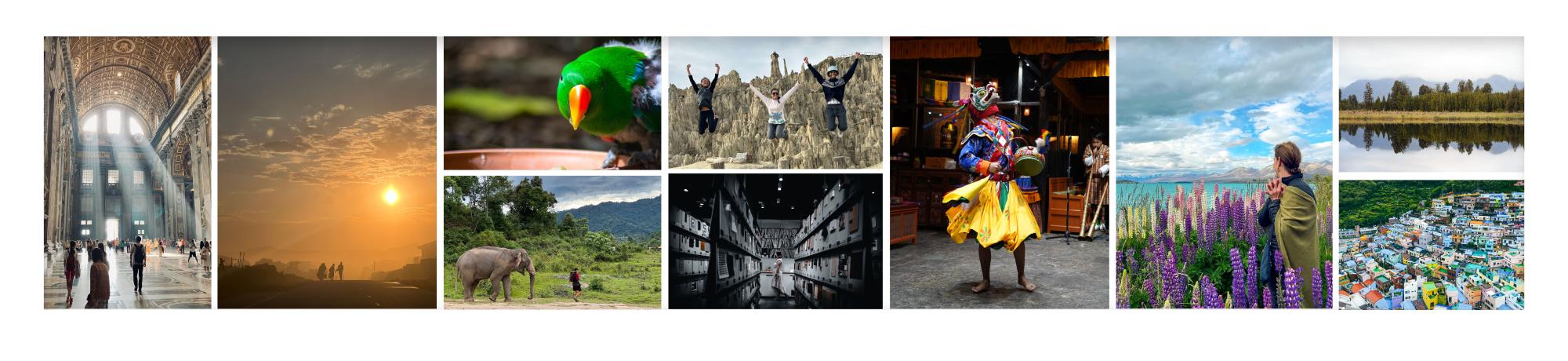 Collage photo with multiple students on study abroad programs. All photos are finalists for the 2023 photo contest. Photos range from iconic places to students having fun.