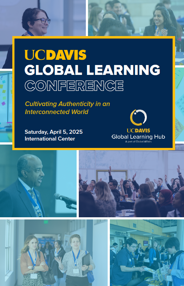 Image of the Global Learning Conference program. There are multiple images in the background and text at the top that reads "UC Davis Global Learning Conference"