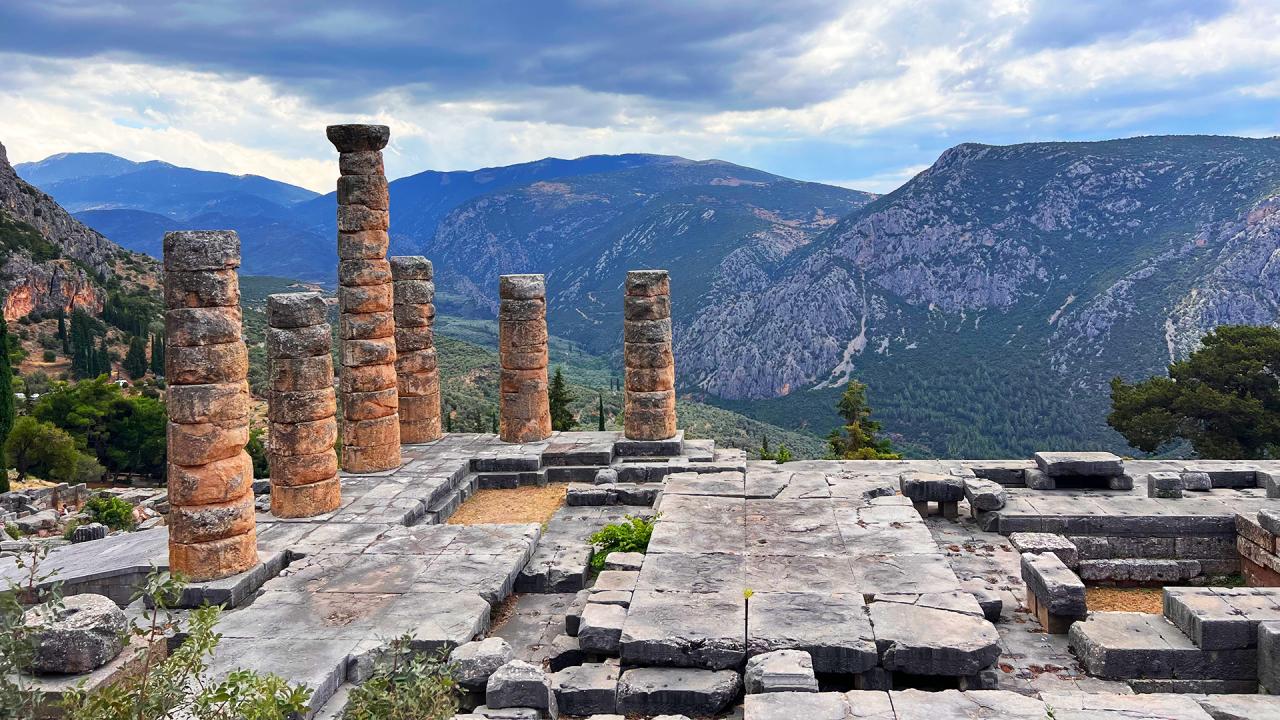 Photo of the Oracle of Delphi, located in the Parnassus mountain range.