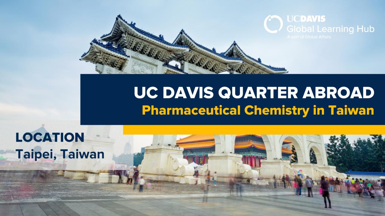 Graphic with text "UC Davis Quarter Abroad Pharmaceutical Chemistry in Taiwan"