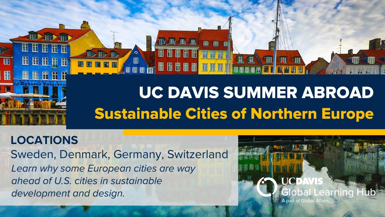 A promotional banner for UC Davis Summer Abroad featuring colorful, traditional buildings along a waterfront, likely in Northern Europe. The main text reads: 'UC Davis Summer Abroad: Sustainable Cities of Northern Europe.' Below, it lists program locations: Sweden, Denmark, Germany, Switzerland. A subheading mentions, 'Learn why some European cities are way ahead of U.S. cities in sustainable development and design.' In the bottom right corner is the UC Davis Global Learning Hub logo.