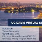 A sunset view of the Sydney Opera House illuminated against the water, with a city skyline and construction cranes in the background. In the foreground, a banner reads: 'UC Davis Virtual Summer Internships' in large white text on a dark blue background. Below it, details are provided: 'Location: Virtual, Worldwide' and 'Courses (6 units): Education Abroad Program (EAP) 192, University Writing Program (UWP) 198'. The UC Davis Global Learning Hub logo is placed in the lower right corner.