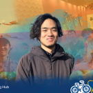 Hatano's headshot is at the forefront of various photos of him with a colorful gradient overlay.