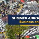 Promotional banner for UC Davis Global Learning Hub’s 'Summer Abroad Internships' in Business and Communication. The image shows a bustling city intersection, with many pedestrians crossing multiple zebra-striped crosswalks in different directions. The scene is likely Shibuya Crossing in Tokyo, Japan. Text in the center reads: 'Summer Abroad Internships: Business and Communication.' The UC Davis Global Learning Hub logo is in the bottom right corner.