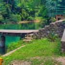 photo of a stream in Belize with yellow paddle boats parked along the side.