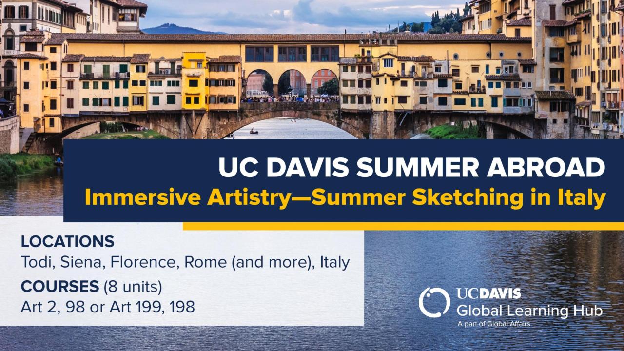Graphic with text "UC Davis Summer Abroad Immersive Artistry—Summer Sketching in Italy"
