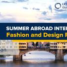 UC Davis Global Learning Hub banner for Summer Abroad Internships in Fashion and Design Practice, highlighting locations in Italy and Japan. The background features the Ponte Vecchio bridge over the Arno River in Florence, Italy, under a cloudy sky.
