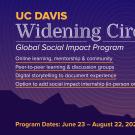 Banner for UC Davis 'Widening Circles' Global Social Impact Program. Highlights include online learning, mentorship, peer discussions, digital storytelling, and optional social impact internship. Program runs June 23 to August 22, 2025, with applications open January 6 to March 16, 2025. Background shows a purple gradient with concentric circle patterns.