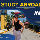 Promotional graphic: student in sunhat on cobblestone street, promoting Study Abroad 2027
